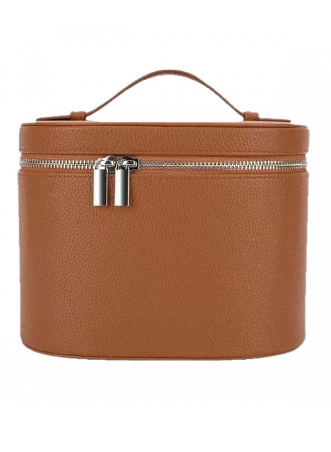 حقيبة مستحضرات تجميل كبيرة السعة من الجلد الصناعي مع شريط مطاطي، صندوق تخزين قابل للإزالة، حقيبة مستحضرات تجميل فاخرة محمولة - بني - Image 1