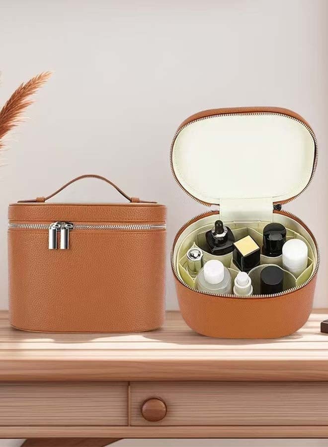 حقيبة مستحضرات تجميل كبيرة السعة من الجلد الصناعي مع شريط مطاطي، صندوق تخزين قابل للإزالة، حقيبة مستحضرات تجميل فاخرة محمولة - بني - Image 2