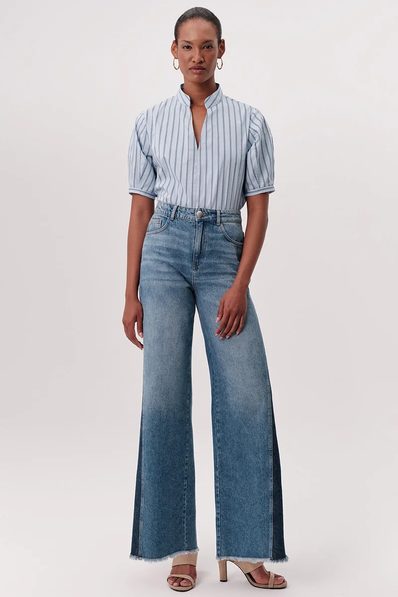 EXQUISE High Waist Wide Leg Regular Denim Blue Trousers