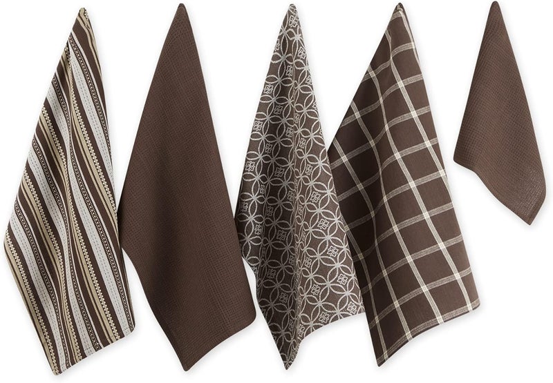 DII Cotton Oversized Kitchen Dish Towels 18 x 28" and Dishcloth 13 x 13", Set of 5, Absorbent Washing Drying Dishtowels for Everyday Cooking and Baking-Dark Brown - Image 1