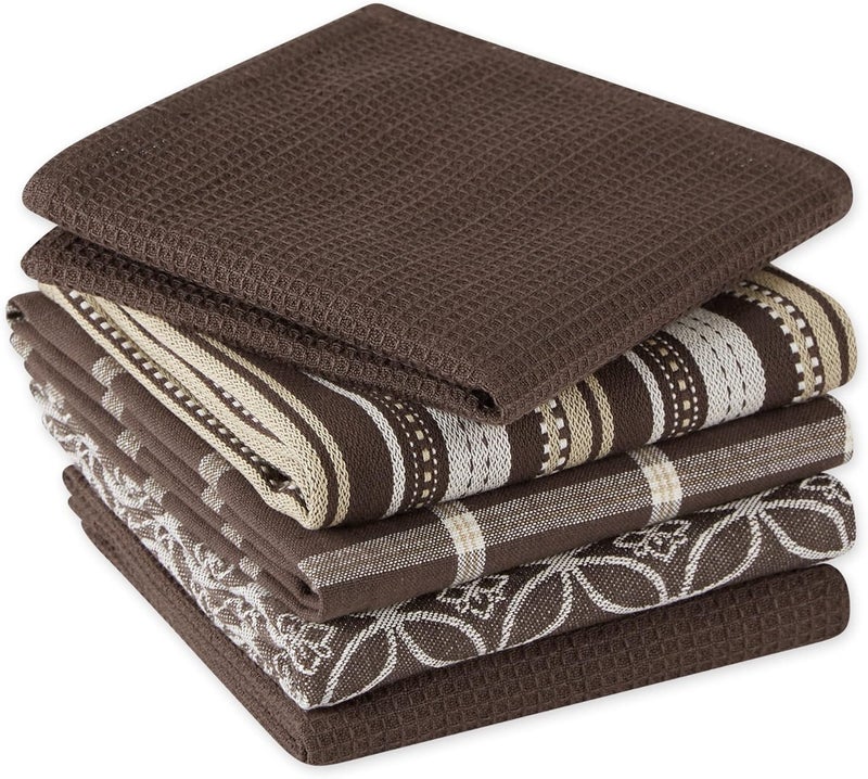 DII Cotton Oversized Kitchen Dish Towels 18 x 28" and Dishcloth 13 x 13", Set of 5, Absorbent Washing Drying Dishtowels for Everyday Cooking and Baking-Dark Brown - Image 3