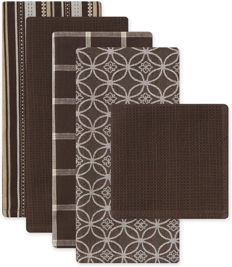 DII Cotton Oversized Kitchen Dish Towels 18 x 28" and Dishcloth 13 x 13", Set of 5, Absorbent Washing Drying Dishtowels for Everyday Cooking and Baking-Dark Brown - Image 2