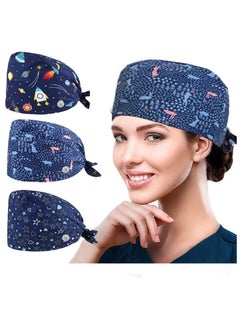 Generic Pack Of 3  Surgical Caps For Female And Male  Cotton Nursing Cap  With  Buttons And Sweatband Adjustable Tie Back Hat  - Image 1