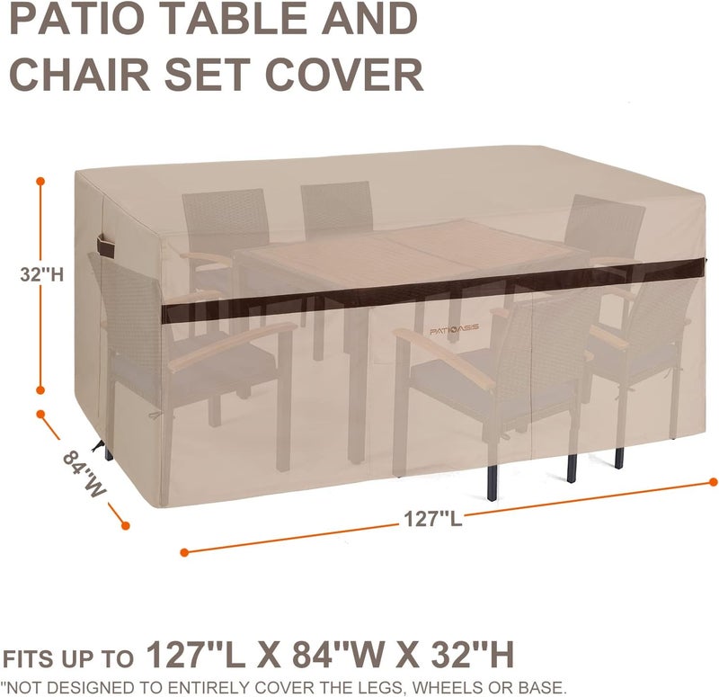 PATIOASIS Patio Covers for Outdoor Furniture Waterproof Heavy Duty 600D Large Rectangle Table Cover 127''L x 84''W x 32''H - Image 3