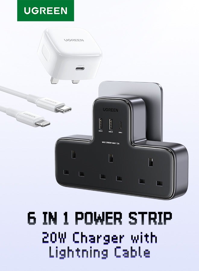 Ugreen 【UGREEN POWERSTRIP BUNDLE】6 IN 1 Power Strip + 20W iPhone Charger Type C With 1M Fast Lightning Cable, Fast Charging Plug Set for iPhone 15/14/13/12/11, iPad, Home & Office - Image 1