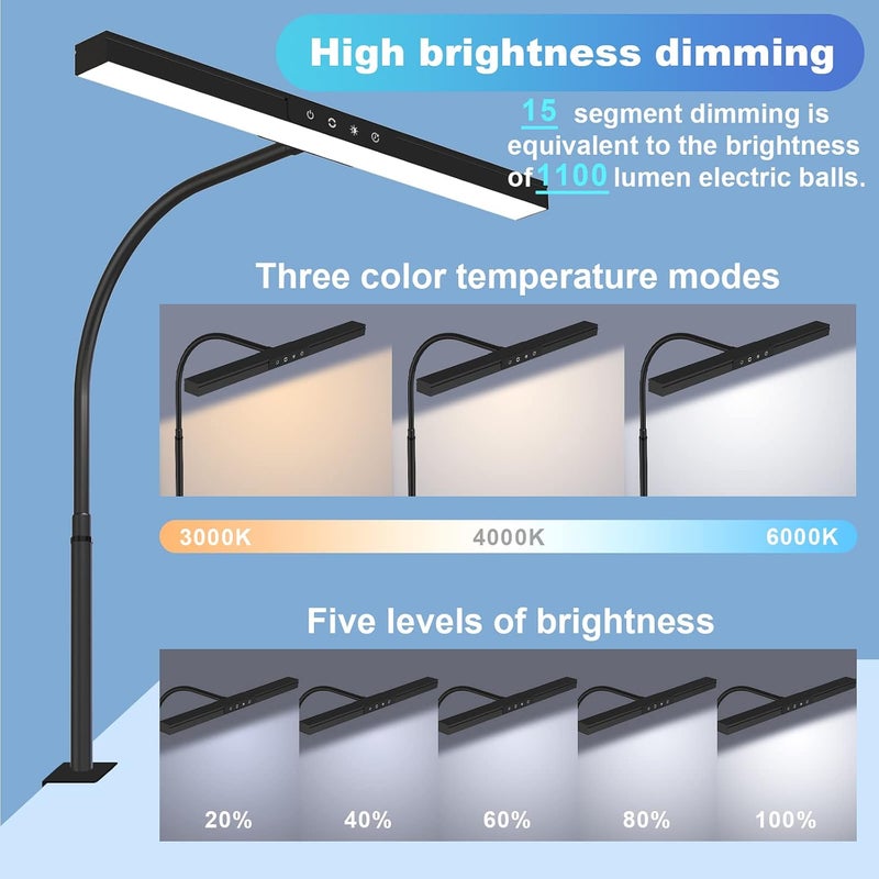 LOOPITYS LED Desk Lamp for Home Office, Double Head LED Desk Lamp with Clamp, Eye Protection Architect Table Lamps, 18W 80CM Brightest 5 Color Modes and Dimmable Workbench Office Light for Reading (BLACK) - Image 1