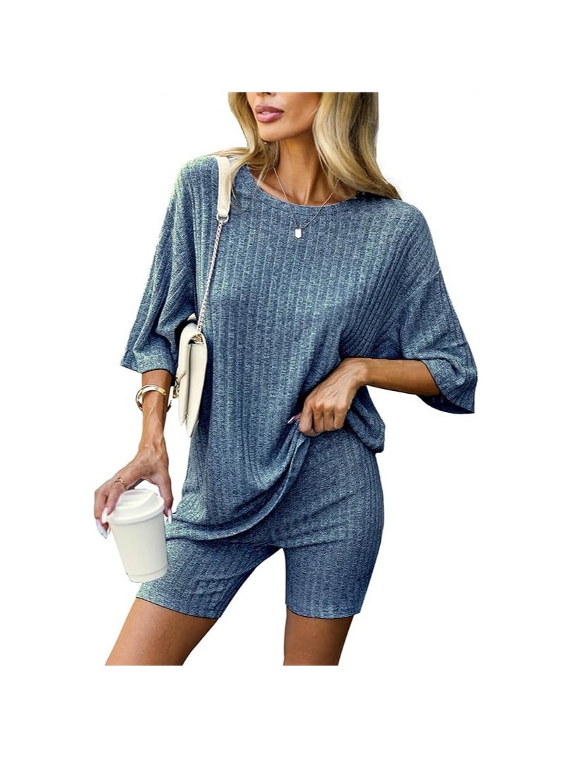 Pajamas 2 Piece Lounge Sets Ribbed Knit Matching Outfits T-shirt Biker Shorts Sleepwear Sweatsuits(Regular&Plus)  - Image 1