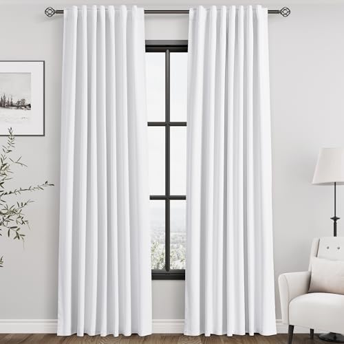 Nanspring White Linen Blackout Curtains 84 Inches Long 2 Panels for Living Room Back Tab Modern Cotton Textured Pure White Black Out Curtains Heating Blocking Linen Curtain Panels for Bedroom Nursery Kids - Image 1