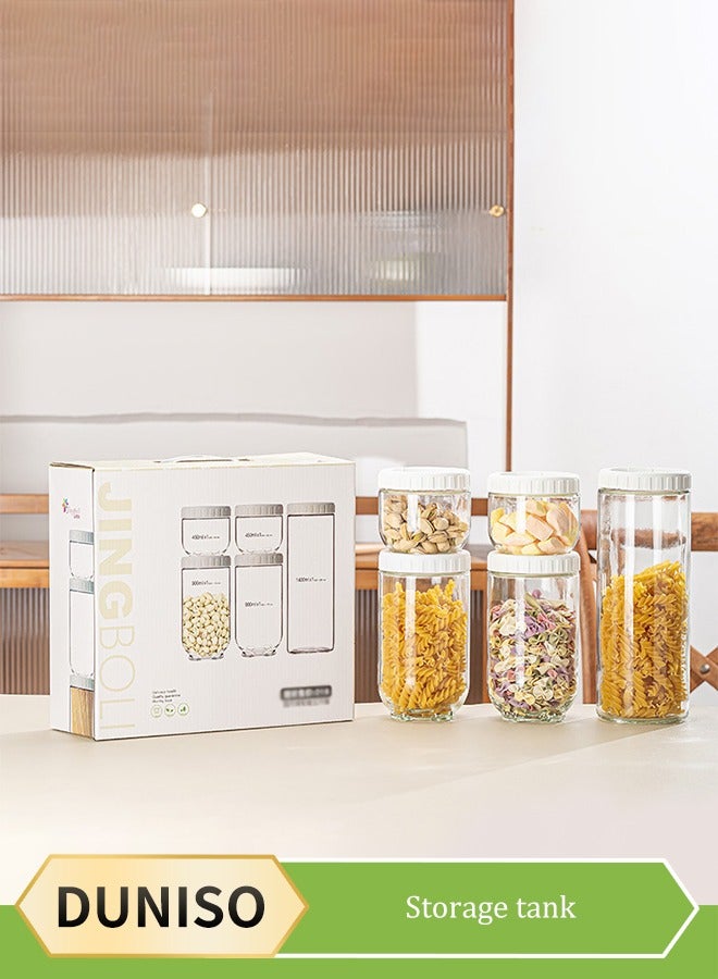 DUNISO 5 Pcs Sealed Glass Jar，Clear Glass Jars With Lids For Sealing，Leak Proof Glass Sealed Jar，Kitchen Storage Container，With Tags，Wet&Dry Use，For Sugar, Tea, Coffee Bean, Pasta, Oat - Image 1