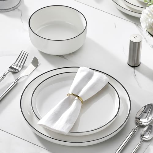 MALACASA Plates and Bowls Sets, 24 Pieces Modern Porcelain Dinnerware Set for 8 White Kitchen Dinner Dining Ware Set wtih Black Rim Ceramic Dishware Dishes Microwave and Dishwasher Safe, Series LUNA - Image 5
