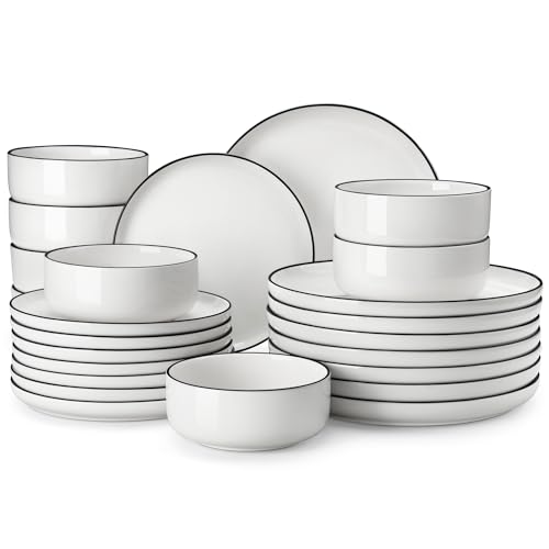 MALACASA Plates and Bowls Sets, 24 Pieces Modern Porcelain Dinnerware Set for 8 White Kitchen Dinner Dining Ware Set wtih Black Rim Ceramic Dishware Dishes Microwave and Dishwasher Safe, Series LUNA - Image 1