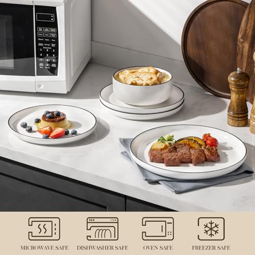 MALACASA Plates and Bowls Sets, 24 Pieces Modern Porcelain Dinnerware Set for 8 White Kitchen Dinner Dining Ware Set wtih Black Rim Ceramic Dishware Dishes Microwave and Dishwasher Safe, Series LUNA - Image 4
