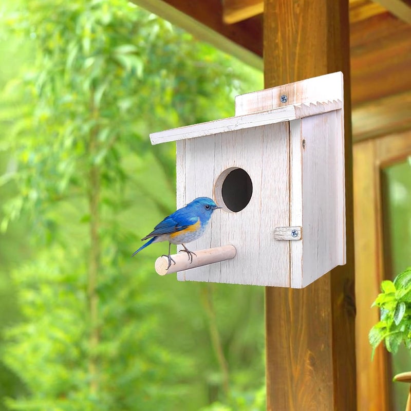 NATUREYLWL بيت طيور خشبي خارجي مع عارضة - بيت طيور معلق مقاوم للعوامل الجوية للكناري، الطيور الزرقاء، الكاردينال - بيت طيور حديقة خارجي بتصميم سهل التنظيف - Image 3