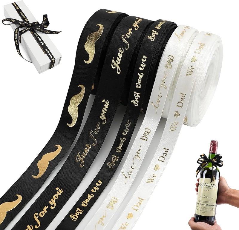 Meedee Happy Father's Day Ribbon Fathers Day Decorations Gift Box Wrapping Paper Decor Thank You Satin Thin Ribbon Assorted Black Satin, 5 Rolls with 10 Yards Each Total 50 Yards - Image 1