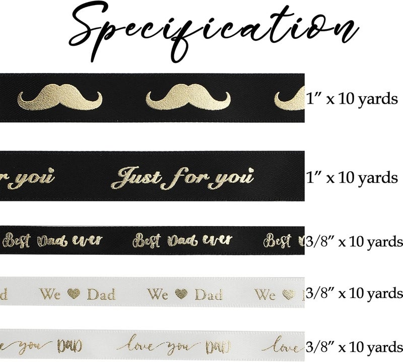 Meedee Happy Father's Day Ribbon Fathers Day Decorations Gift Box Wrapping Paper Decor Thank You Satin Thin Ribbon Assorted Black Satin, 5 Rolls with 10 Yards Each Total 50 Yards - Image 2