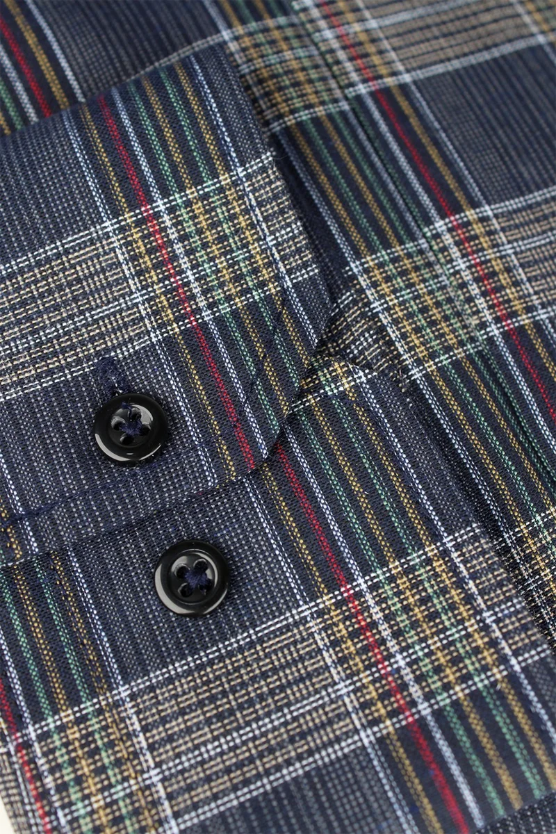 Varetta Men's Navy Blue Checked Long Sleeve Classic Cut Collar Buttoned Shirt