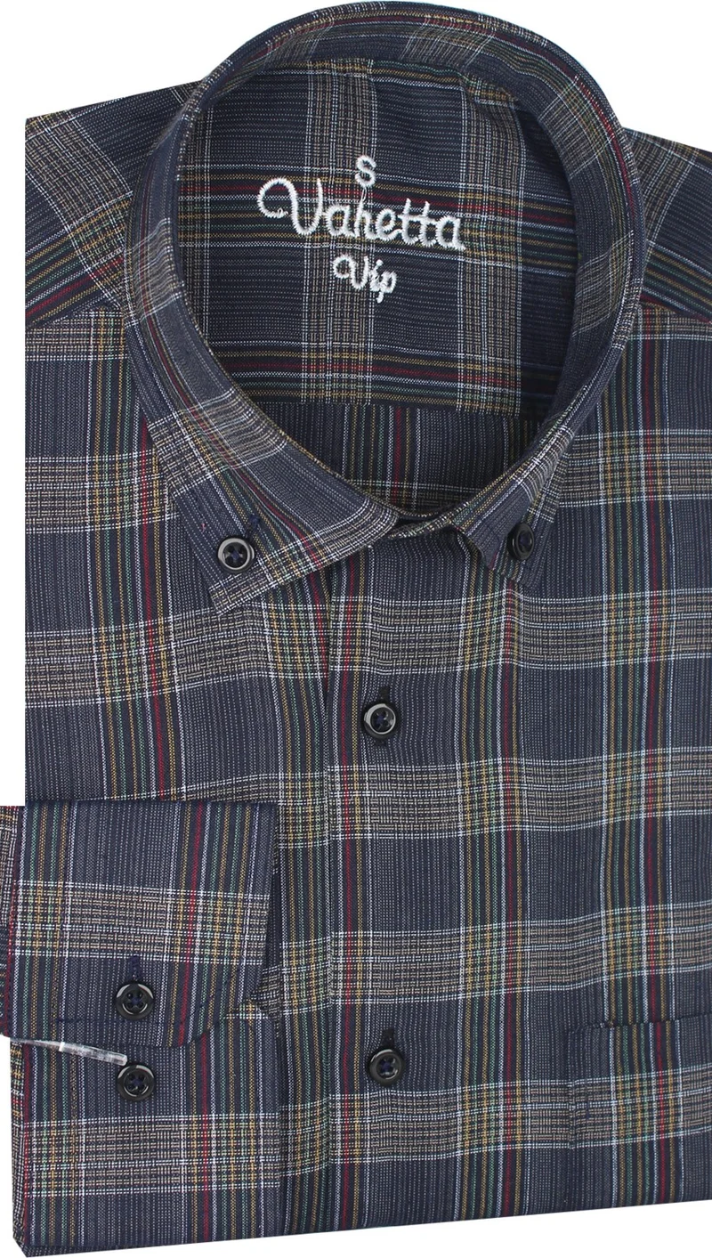 Varetta Men's Navy Blue Checked Long Sleeve Classic Cut Collar Buttoned Shirt