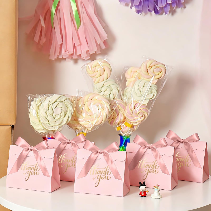 CINSOEN 24 PCS Thank You Gift Bags, 4.7x4.1x2.5 Inches Mini Baby Shower Favors Pink Small Party Favor Bags with Ribbon Candy Gift Boxes for Valentine Wedding Bridal Birthday Party Classroom School - Image 5