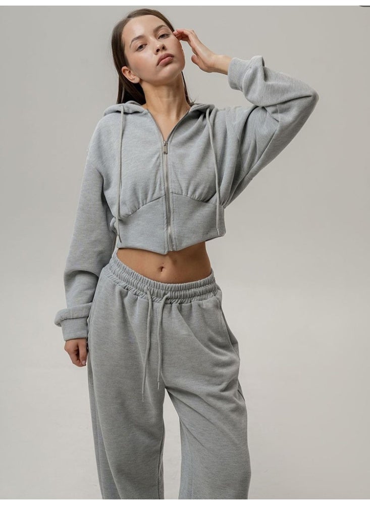 NIBEMINENT Autumn  Casual Women's Set Long Sleeve Zipper Hooded Sweatshirt Solid Color Drawstring Pants Two-Piece - Image 1