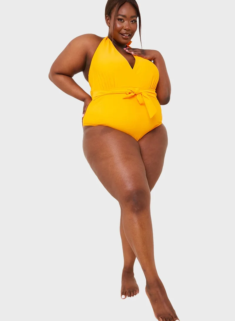 In The Style Curve High Leg Tie Detail Swimsuit