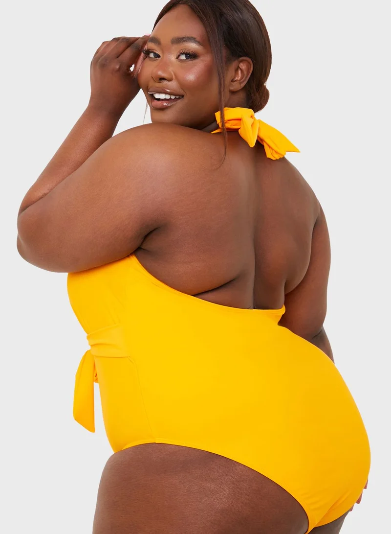 In The Style Curve High Leg Tie Detail Swimsuit