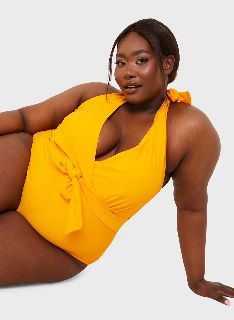 In The Style Curve High Leg Tie Detail Swimsuit