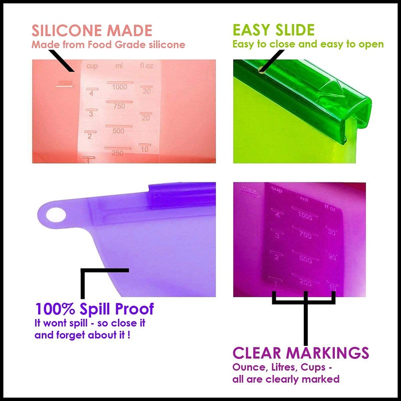 Gabbar LeakProof Multicolor Food Grade Silicone Made Food Storage Bag Reusable Ziplock Pack of 6 - Image 5