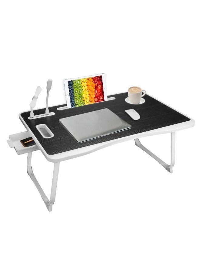 Foldable Laptop Bed Desk | with USB Port, Cup Holder, Card Slot & Side Drawer | Portable Computer Table for Bed, Eating, Reading & Working | Includes Handle - Image 1