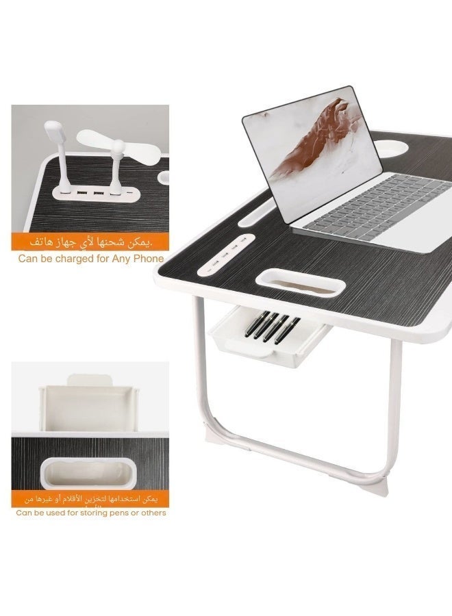 Foldable Laptop Bed Desk | with USB Port, Cup Holder, Card Slot & Side Drawer | Portable Computer Table for Bed, Eating, Reading & Working | Includes Handle - Image 4