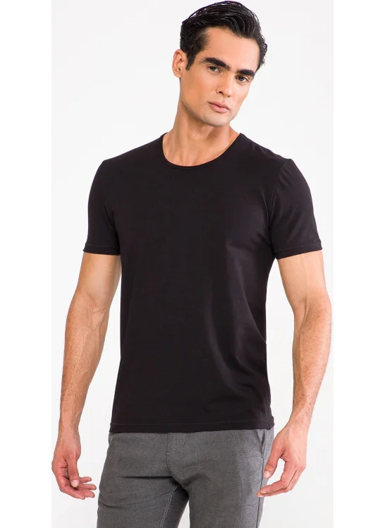 دي أس دامات D'S Groom Men's Plain Black Crew Neck Short Sleeve Undershirt