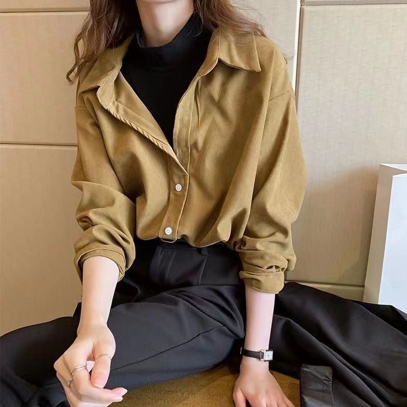 Autumn Winter Mock-Layered Long Sleeve Shirt White fabric - Image 2