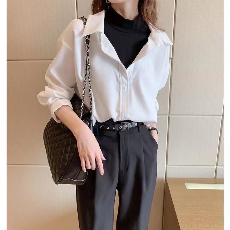 Autumn Winter Mock-Layered Long Sleeve Shirt White fabric - Image 1