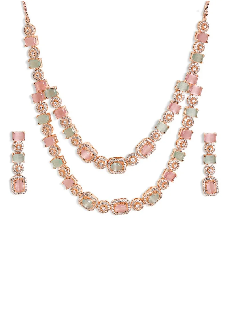 برياسي Rose Plated Mint American Diamond Studded Layered Jewellery Set