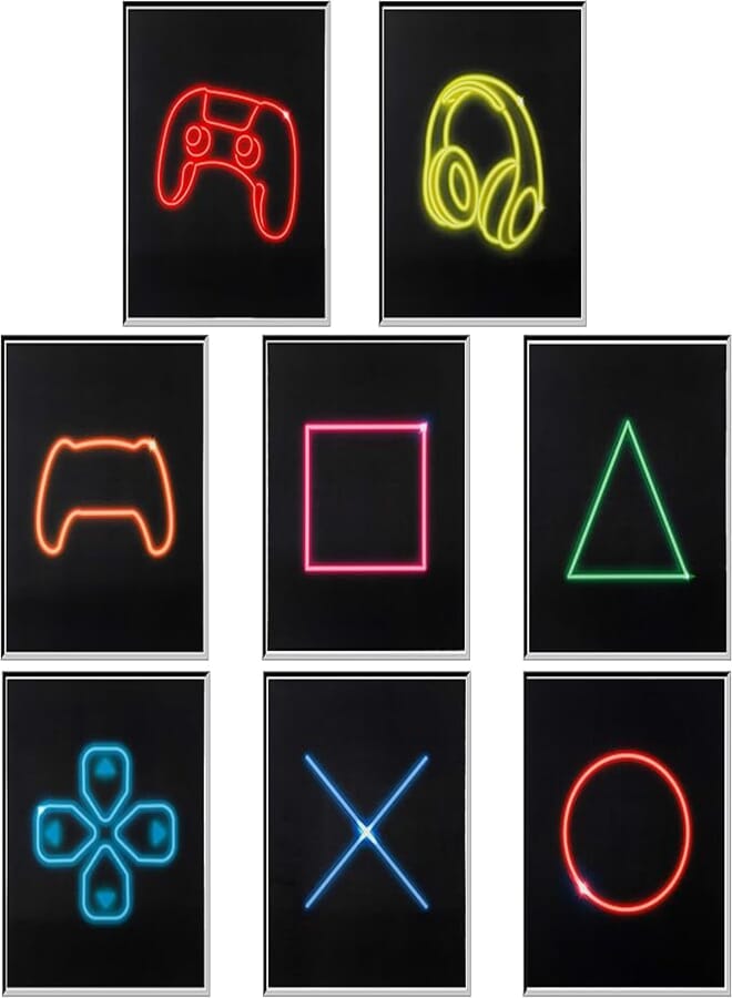 R horse 8pcs game neon poster wall decor minimalist video game room decor neon gamer wall art gamer button art decor gaming posters modern ps4 wall art for teen boys & girls, unframed
