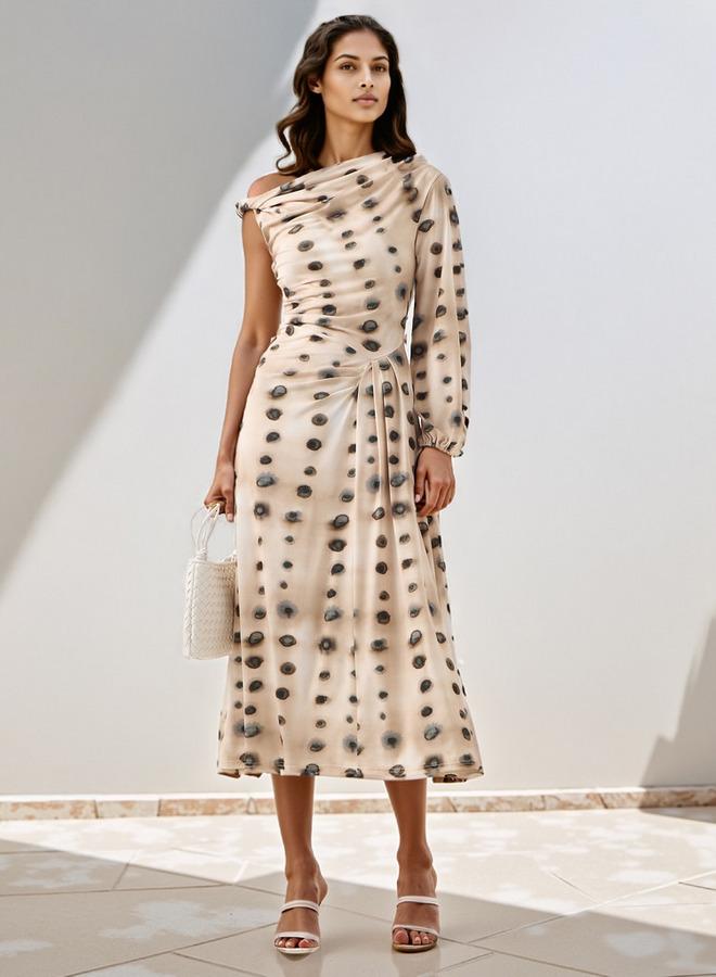 ايكونيك فستان كتف واحد بطبعة أيقونية شاملة وتفاصيل درابيه - Image 2