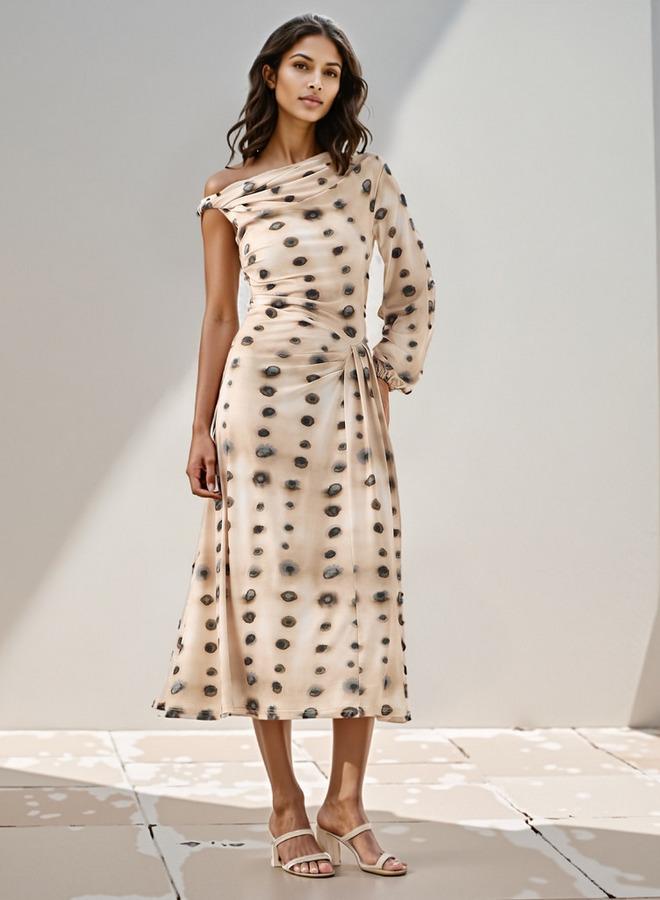 ايكونيك فستان كتف واحد بطبعة أيقونية شاملة وتفاصيل درابيه - Image 1