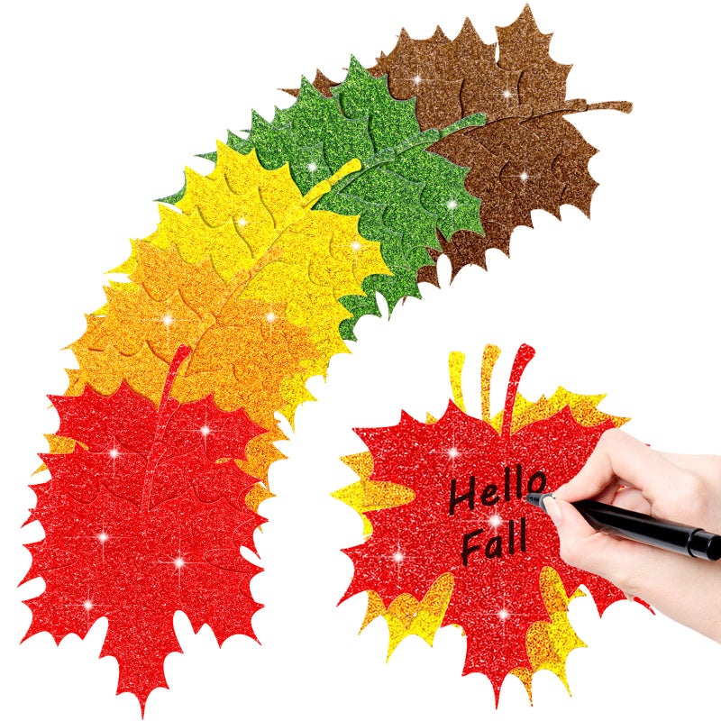 Demissle Demissle Thanksgiving Fall Leaves Bulletin Board Decorations Leaf Cutouts Thanksgiving Decorations Glitter Maple with Adhesive Dots for Bulletin Board Classroom Decor100 Pcs
