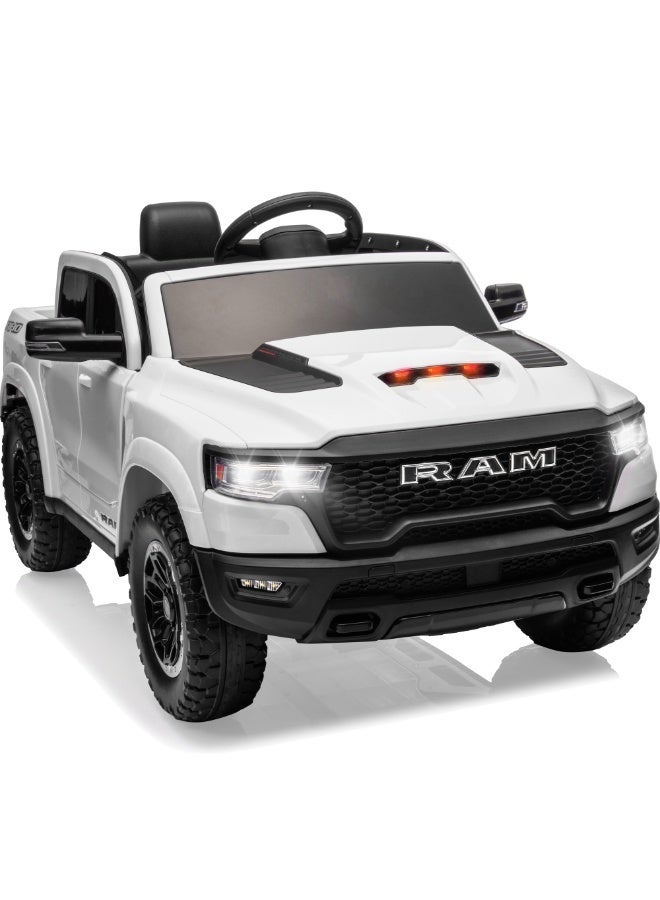 First Ride On Licensed Ram 1500 RHO 12V Kids Ride on Truck , Toddler Ride on Toys with Remote Control, Children Electric Vehicles with Truck Bed Storage, Smooth Start, Music, Bluetooth (White) - Image 1