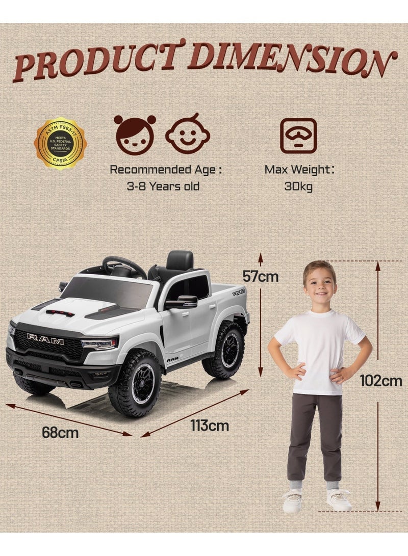 First Ride On Licensed Ram 1500 RHO 12V Kids Ride on Truck , Toddler Ride on Toys with Remote Control, Children Electric Vehicles with Truck Bed Storage, Smooth Start, Music, Bluetooth (White) - Image 4