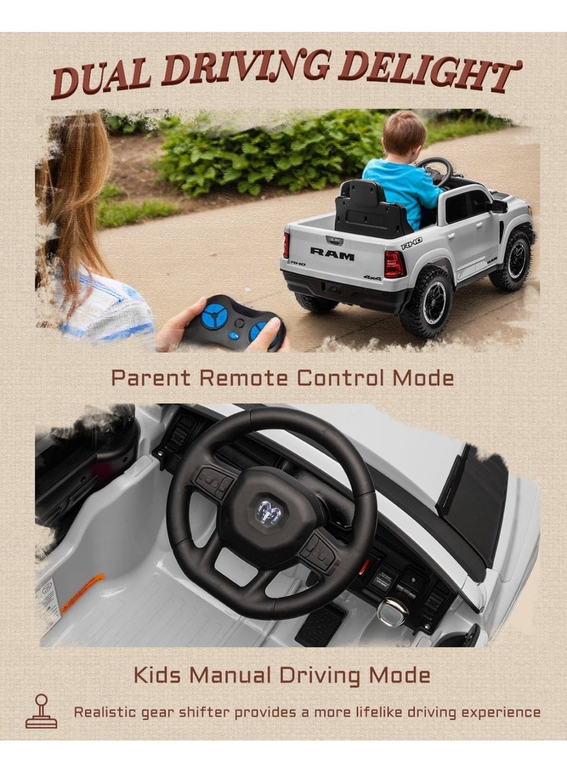 First Ride On Licensed Ram 1500 RHO 12V Kids Ride on Truck , Toddler Ride on Toys with Remote Control, Children Electric Vehicles with Truck Bed Storage, Smooth Start, Music, Bluetooth (White) - Image 5