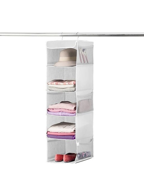5 Shelf Hanging Closet Organizer Space Saver, Roomy Breathable Hanging Shelves With (6) Side Accessories Pockets, And 2 Sturdy Hooks, For Clothes Storage, And Shoes, Etc. 12 x 11 ½ x 42 In