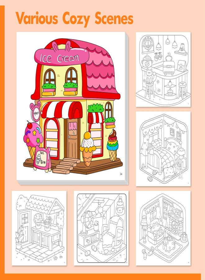 Gethelud Cute & Cozy Coloring Book, 50 Sheets Warm Scenes with 600+ Stickers, Cute Animals- Themed Pages Stress Relief for Adults & Teens Relaxation, Comfy Day, Cozy Hygge Moment (8.3” x 8.3”) - Image 4