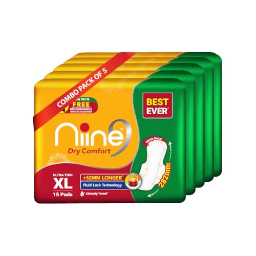 NIINE Dry Comfort Ultra Thin XL Sanitary Napkins for Heavy Flow |282mm Long| Suitable for Heavy Flow|Faster Absorption |Prevents Wetness & Leakage Free Biodegradable disposable bags|Pack of 5, 75 Pads - Image 1