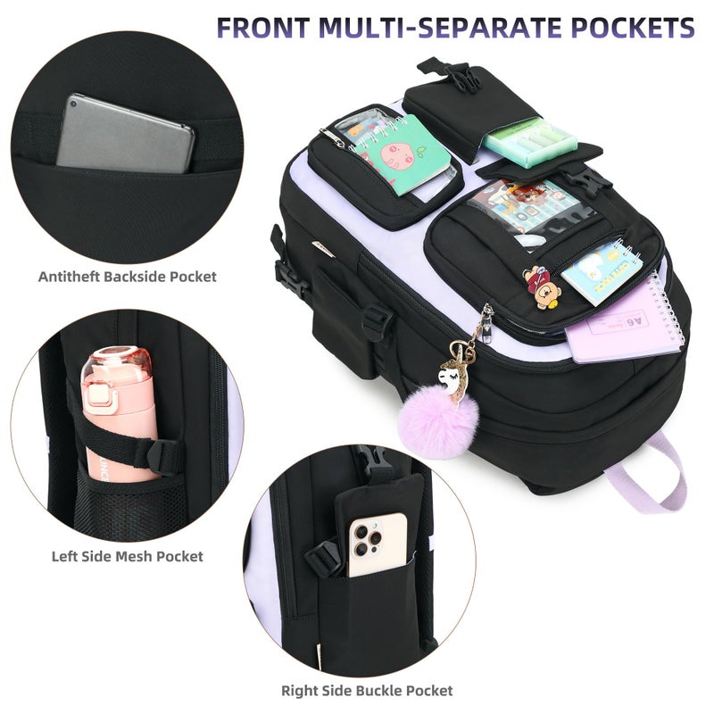 LXYGD Backpack for Girls with Accessories Laptop Bookbags 16 Inch Kawaii Kids Elementary Middle High School Bag College Travel Daypack Gifts for Teens Women Students (Black Purple) - Image 3