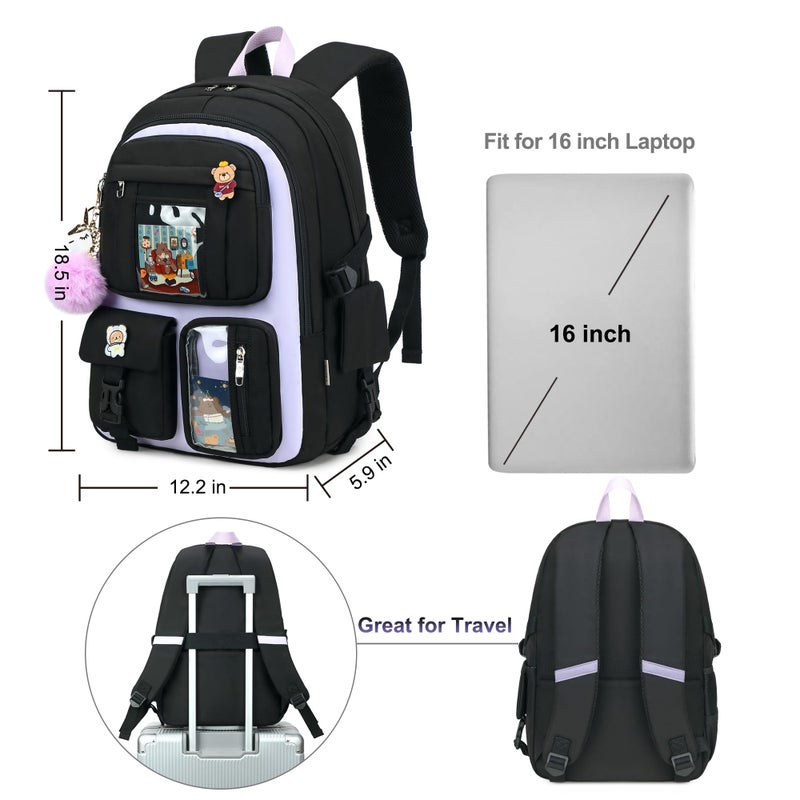 LXYGD Backpack for Girls with Accessories Laptop Bookbags 16 Inch Kawaii Kids Elementary Middle High School Bag College Travel Daypack Gifts for Teens Women Students (Black Purple) - Image 5