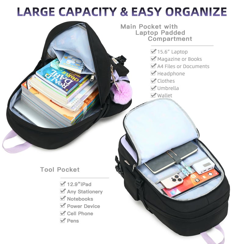 LXYGD Backpack for Girls with Accessories Laptop Bookbags 16 Inch Kawaii Kids Elementary Middle High School Bag College Travel Daypack Gifts for Teens Women Students (Black Purple) - Image 2