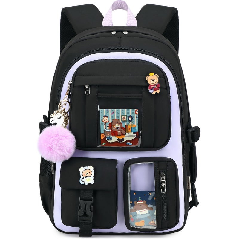 LXYGD Backpack for Girls with Accessories Laptop Bookbags 16 Inch Kawaii Kids Elementary Middle High School Bag College Travel Daypack Gifts for Teens Women Students (Black Purple) - Image 1