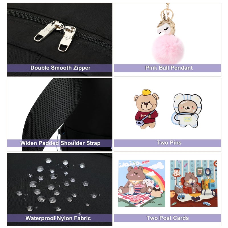 LXYGD Backpack for Girls with Accessories Laptop Bookbags 16 Inch Kawaii Kids Elementary Middle High School Bag College Travel Daypack Gifts for Teens Women Students (Black Purple) - Image 4