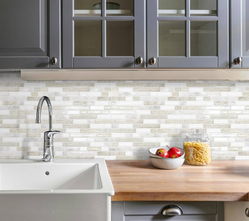 Tiwoos Thick Kitchen Backsplash Peel and Stick Tile 12"x12" Self Adhesive Sticky 3D Wall Marble Tiles Bathroom (10-Sheetï¼ŒBeige White) - Image 2