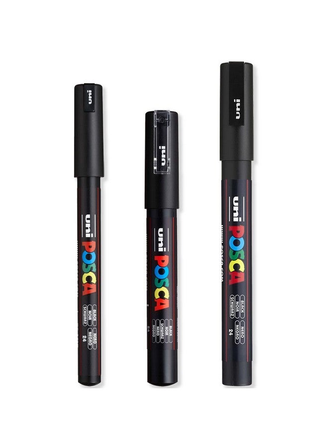 Posca - Ultra Fine to Fine Paint Marker Pens Set - PC-1MR, PC-1M, PC-3M - Black Ink - Pack of 3 - Image 1